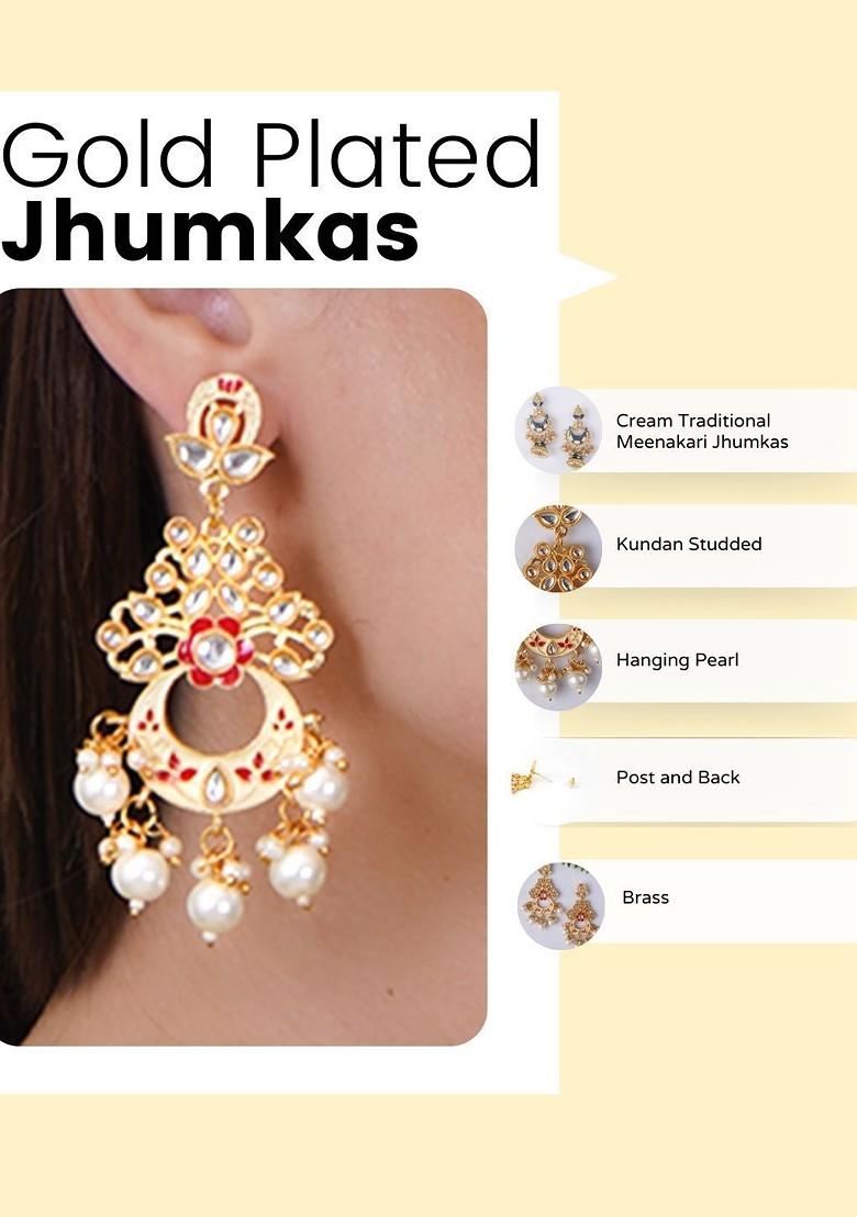 Cream Stone Studded And Beaded Gold Plated Earrings