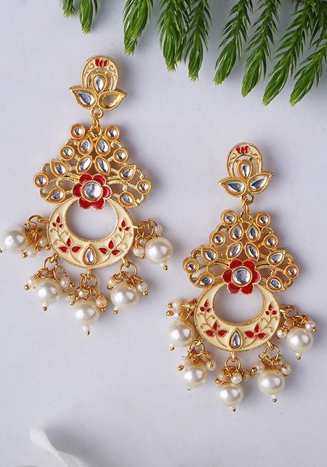 Cream Stone Studded And Beaded Gold Plated Earrings