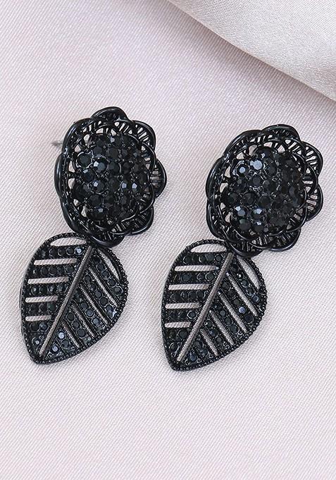 Black Floral Stud Brass Earrings