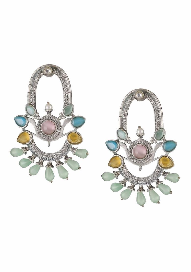 Silver  Stones Studded  Silver Plated  Earrings