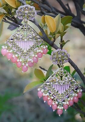 Gold Stone Studded And Beaded Gold Plated Earrings