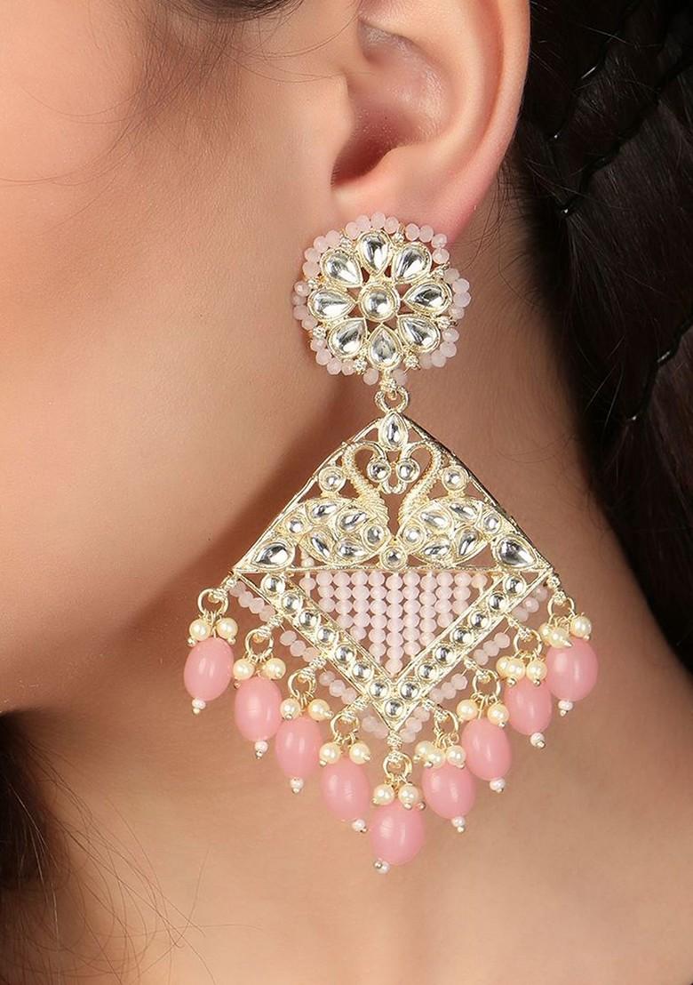 Gold Stone Studded And Beaded Gold Plated Earrings