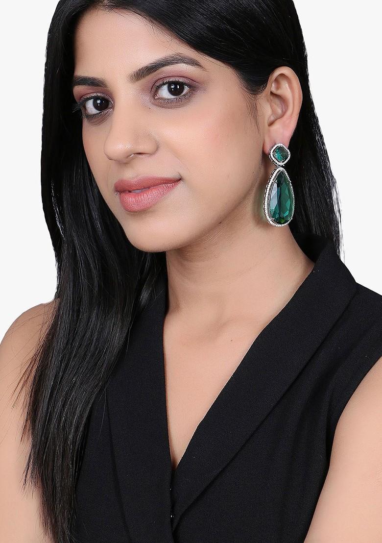 Silver Artificial Stones And Beads Rhodium Plated Earrings