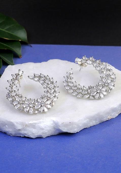 Silver Stone Studded And Beaded Rhodium Plated Earrings