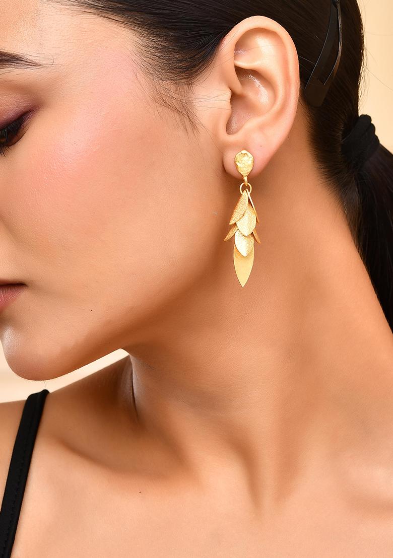 Gold Toned Anti Tarnish Leafs Drop Earrings