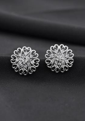 Silver Plated Ad Studded Flower Shape Stud Earrings