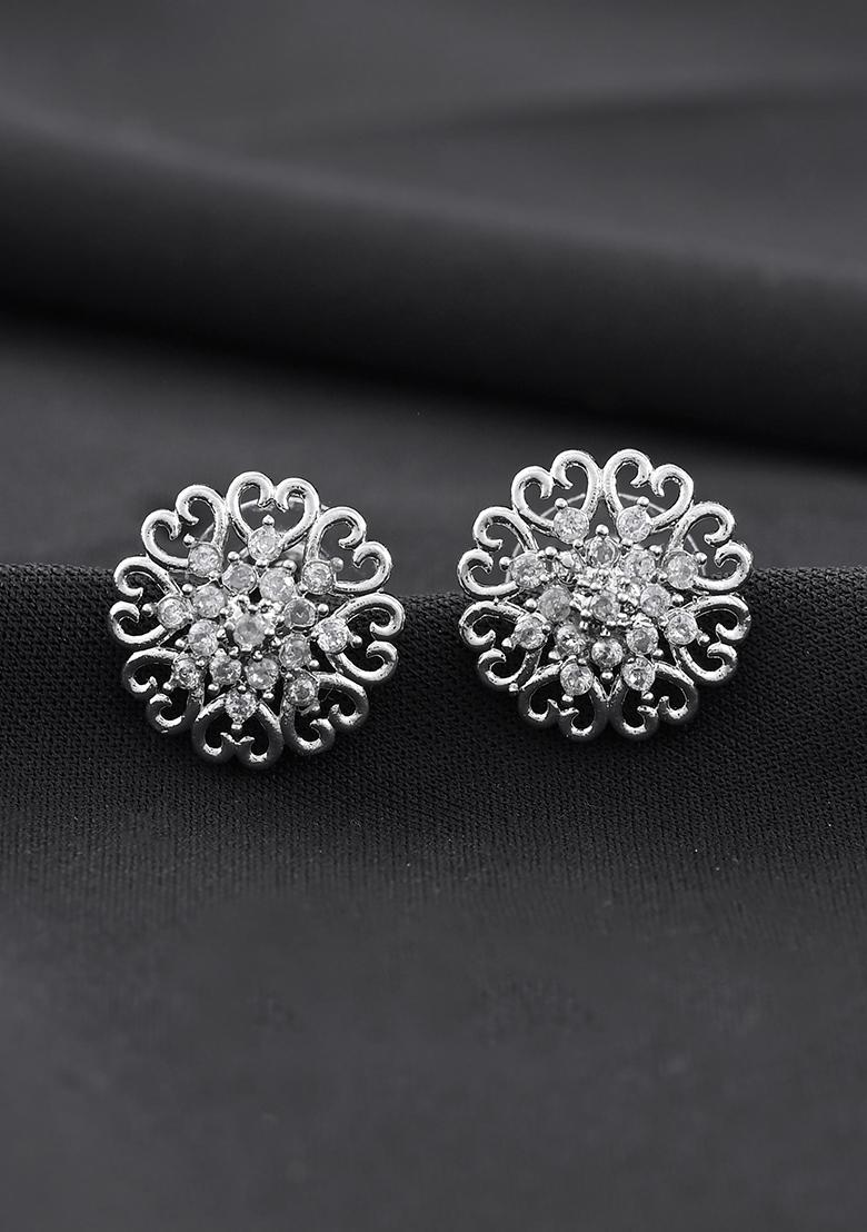 Silver Plated Ad Studded Flower Shape Stud Earrings
