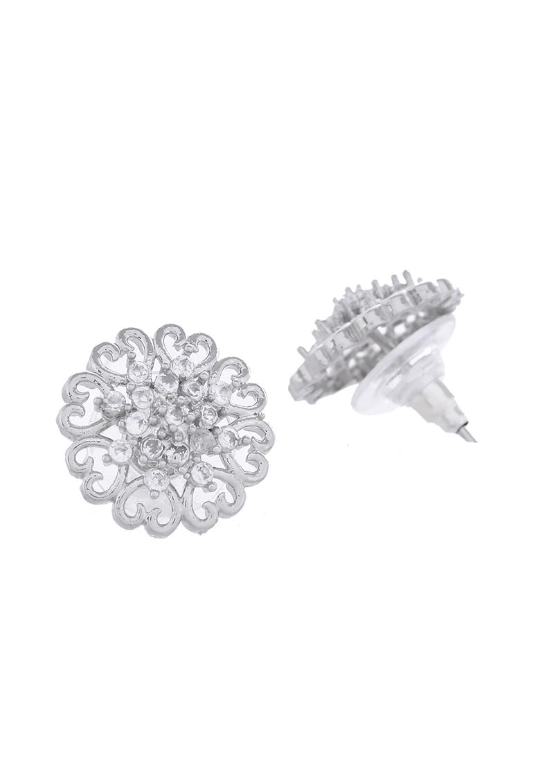 Silver Plated Ad Studded Flower Shape Stud Earrings