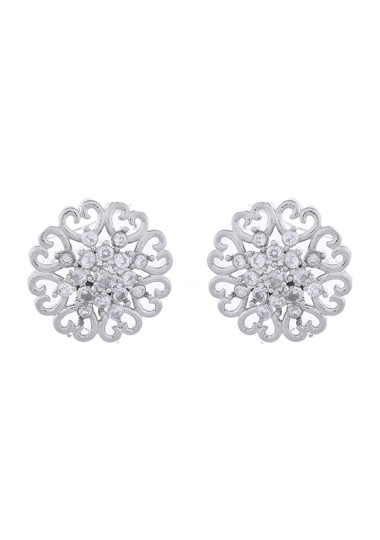 Silver Plated Ad Studded Flower Shape Stud Earrings