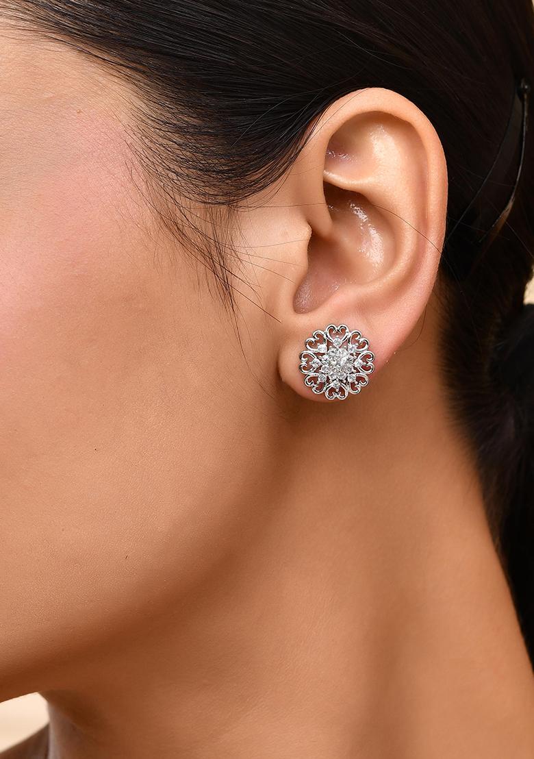 Silver Plated Ad Studded Flower Shape Stud Earrings
