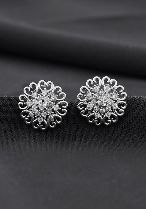 Silver Plated Ad Studded Flower Shape Stud Earrings