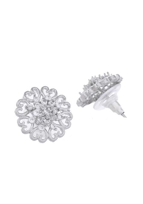 Silver Plated Ad Studded Flower Shape Stud Earrings