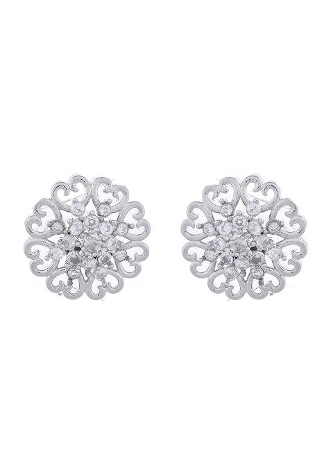 Silver Plated Ad Studded Flower Shape Stud Earrings