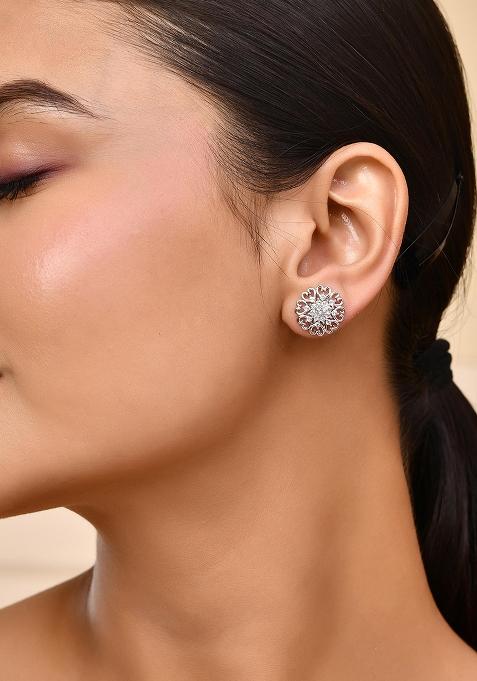 Silver Plated Ad Studded Flower Shape Stud Earrings