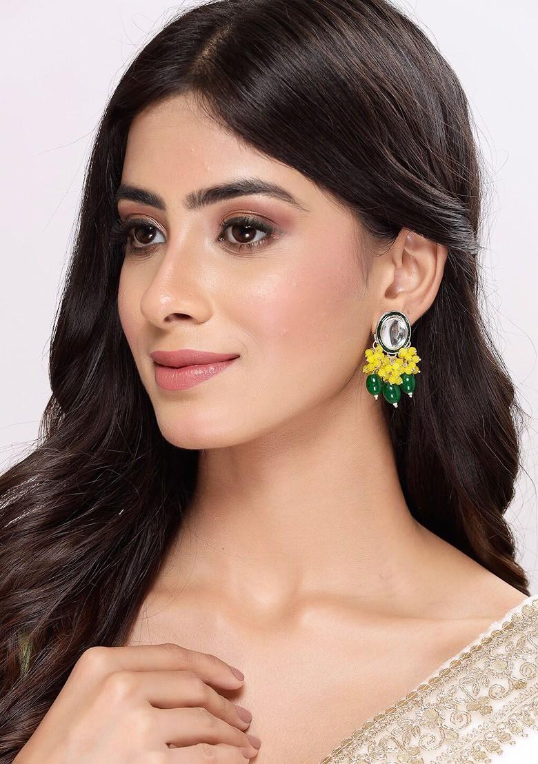 Yellow Beaded Gold Plated Earrings