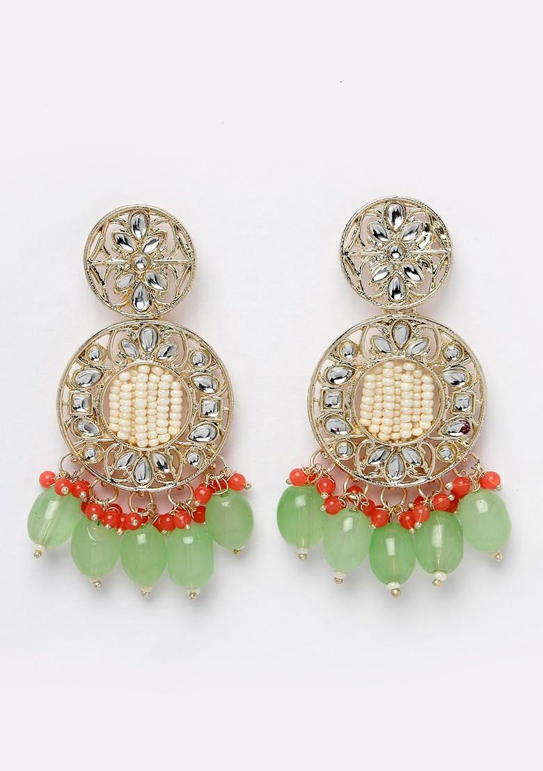 Green Beaded Gold Plated Earrings