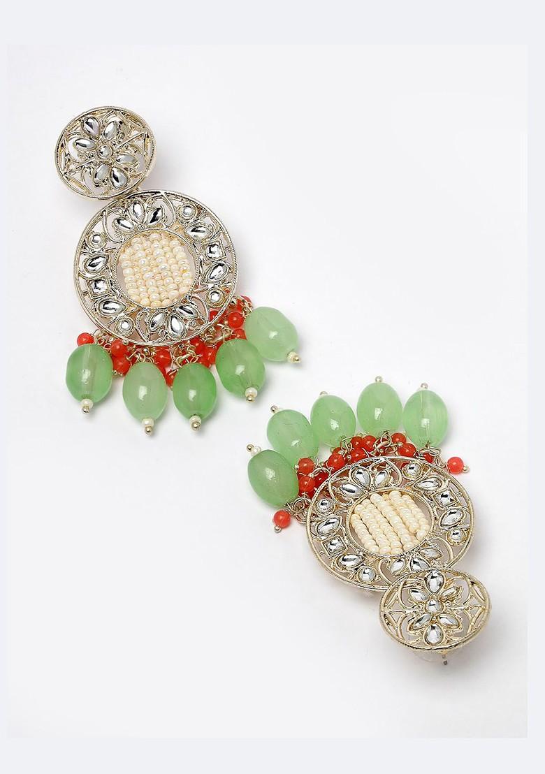 Green Beaded Gold Plated Earrings