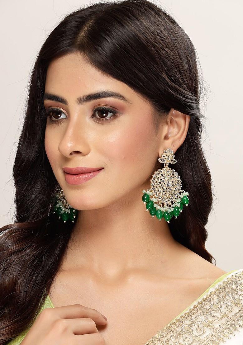 Green Beaded Gold Plated Earrings