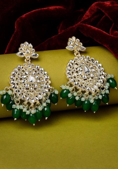 Green Beaded Gold Plated Earrings
