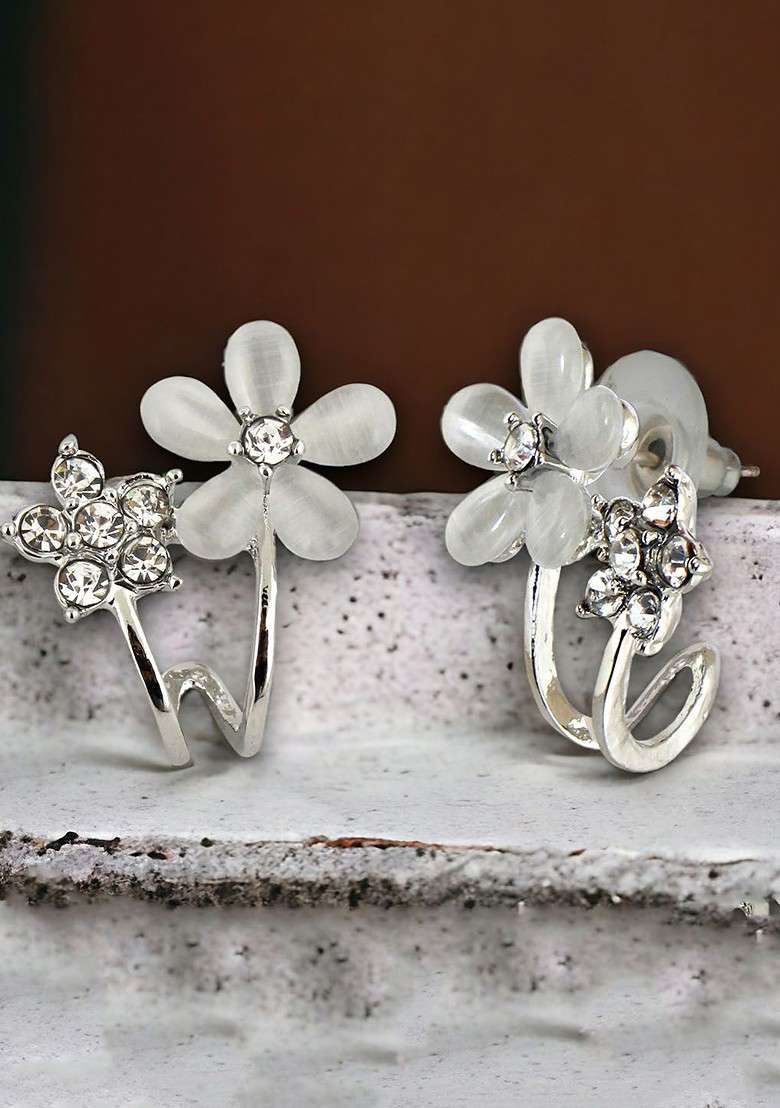 Silver Studded Silver Plated Earrings - Indya
