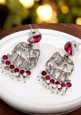 Silver Beaded Oxidised Earrings - Indya