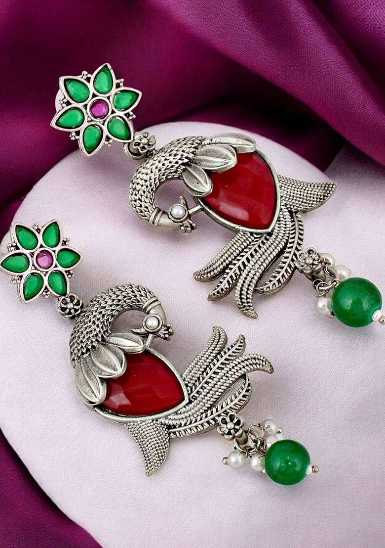 Silver Studded Silver Plated Earrings - Indya