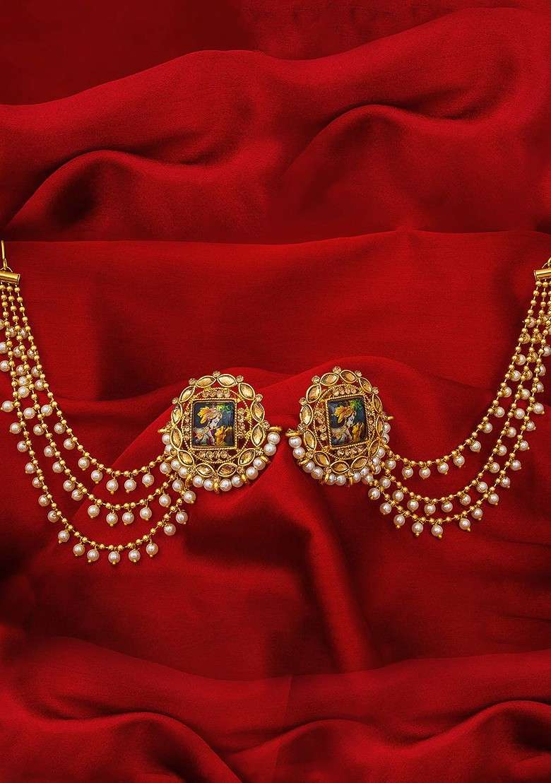 Gold Plated Circular Studs Earrings With Hair Chained - Indya