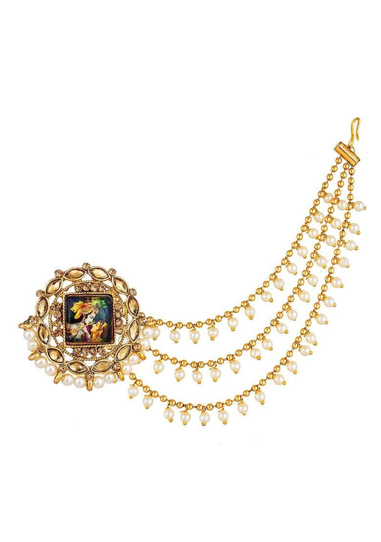 Gold Plated Circular Studs Earrings With Hair Chained - Indya