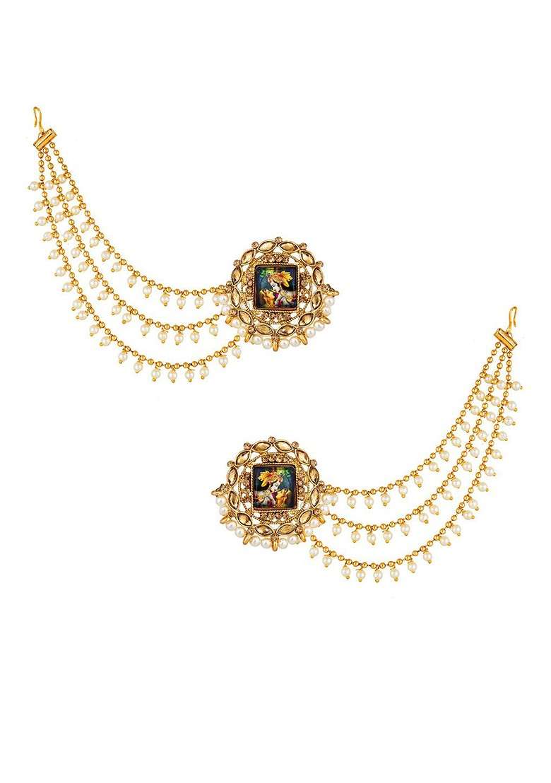 Gold Plated Circular Studs Earrings With Hair Chained - Indya