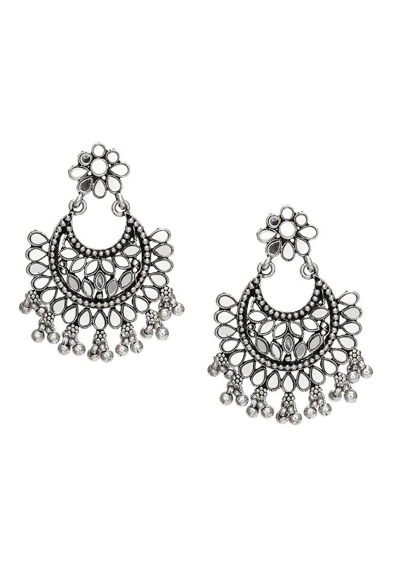 Silver Silver Toned And Plated Oval Ad Studded Chandbalis Mirror Earrings