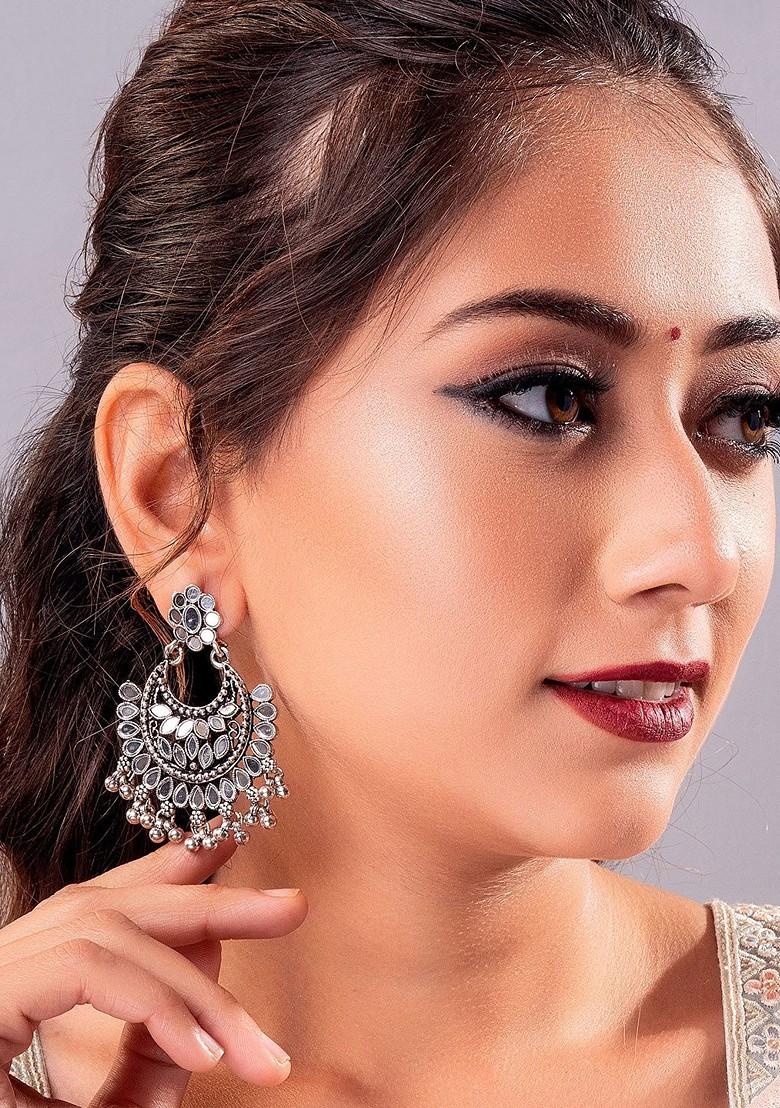 Silver Silver Toned And Plated Oval Ad Studded Chandbalis Mirror Earrings