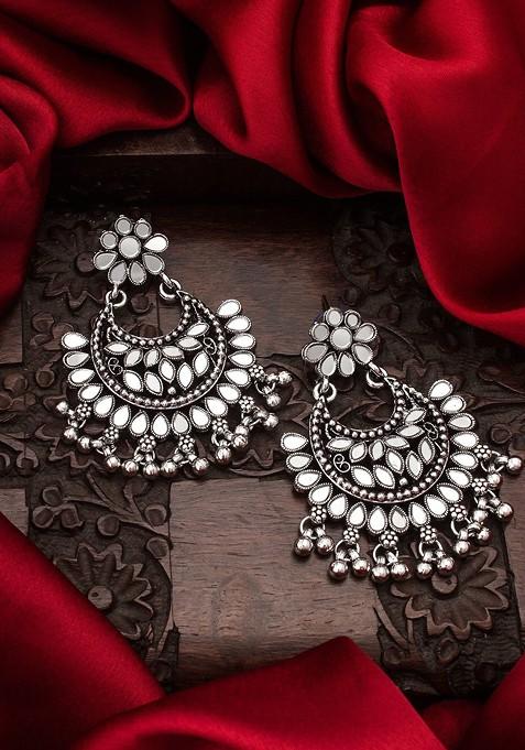 Silver Silver Toned And Plated Oval Ad Studded Chandbalis Mirror Earrings