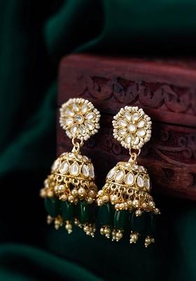 Gold Plated Stone Studded And Beaded Contemporary Jhumkas