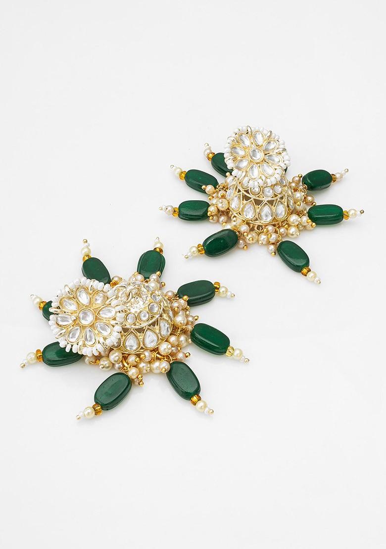 Gold Plated Stone Studded And Beaded Contemporary Jhumkas