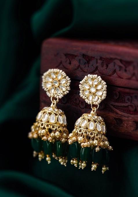 Gold Plated Stone Studded And Beaded Contemporary Jhumkas