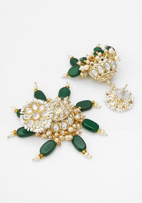 Gold Plated Stone Studded And Beaded Contemporary Jhumkas
