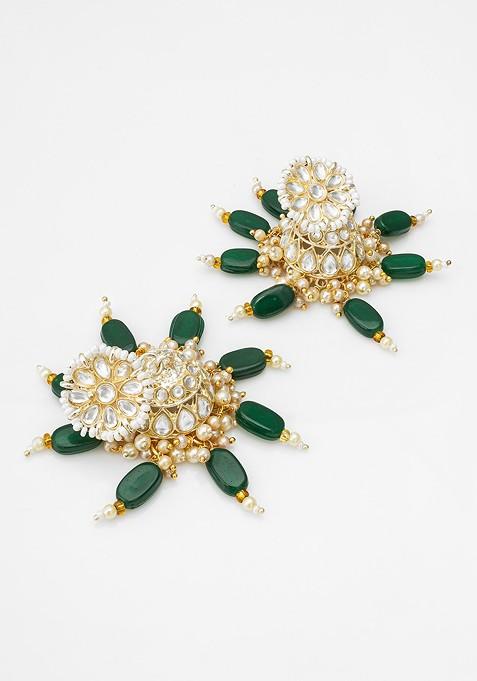 Gold Plated Stone Studded And Beaded Contemporary Jhumkas
