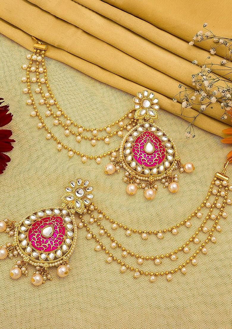 Gold Toned And Pink Teardrop Shaped Drop Earrings With Hair Chain