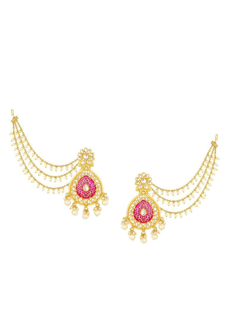 Gold Toned And Pink Teardrop Shaped Drop Earrings With Hair Chain