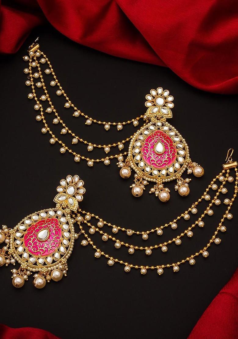 Gold Toned And Pink Teardrop Shaped Drop Earrings With Hair Chain