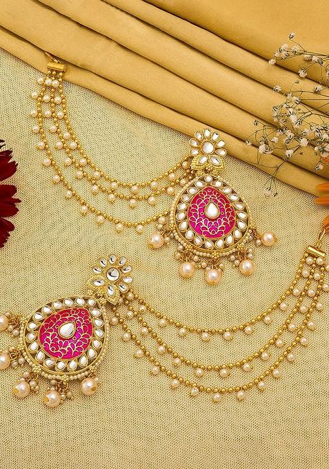 Gold Toned And Pink Teardrop Shaped Drop Earrings With Hair Chain