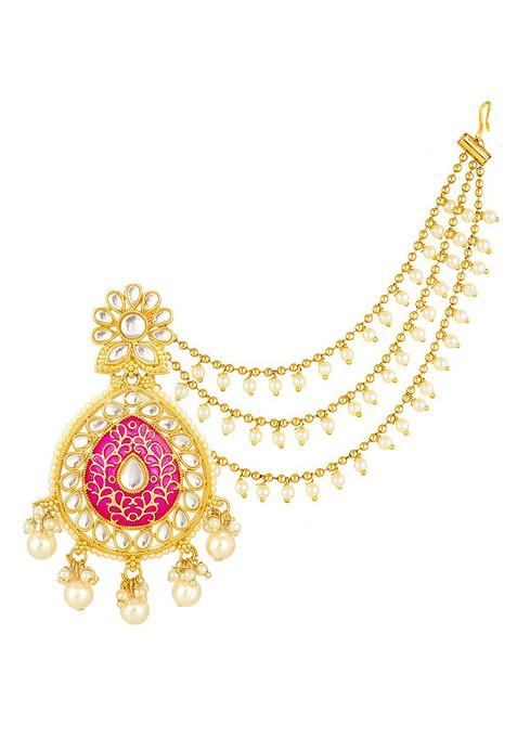 Gold Toned And Pink Teardrop Shaped Drop Earrings With Hair Chain