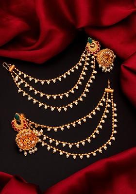 Women Gold Toned And Green Dome Shaped Jhumkas Earrings With Layered Hair Chain