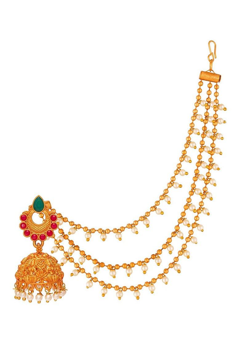 Women Gold Toned And Green Dome Shaped Jhumkas Earrings With Layered Hair Chain