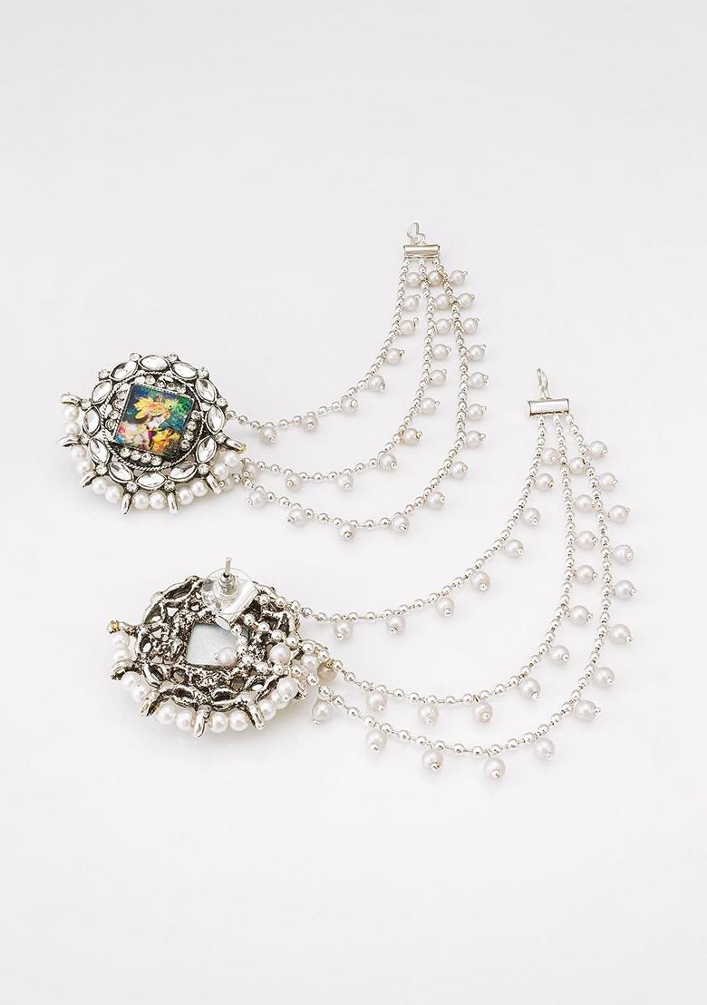 Silver Artificial Stones Studded Contemporary Stud Earrings With Hair Chained