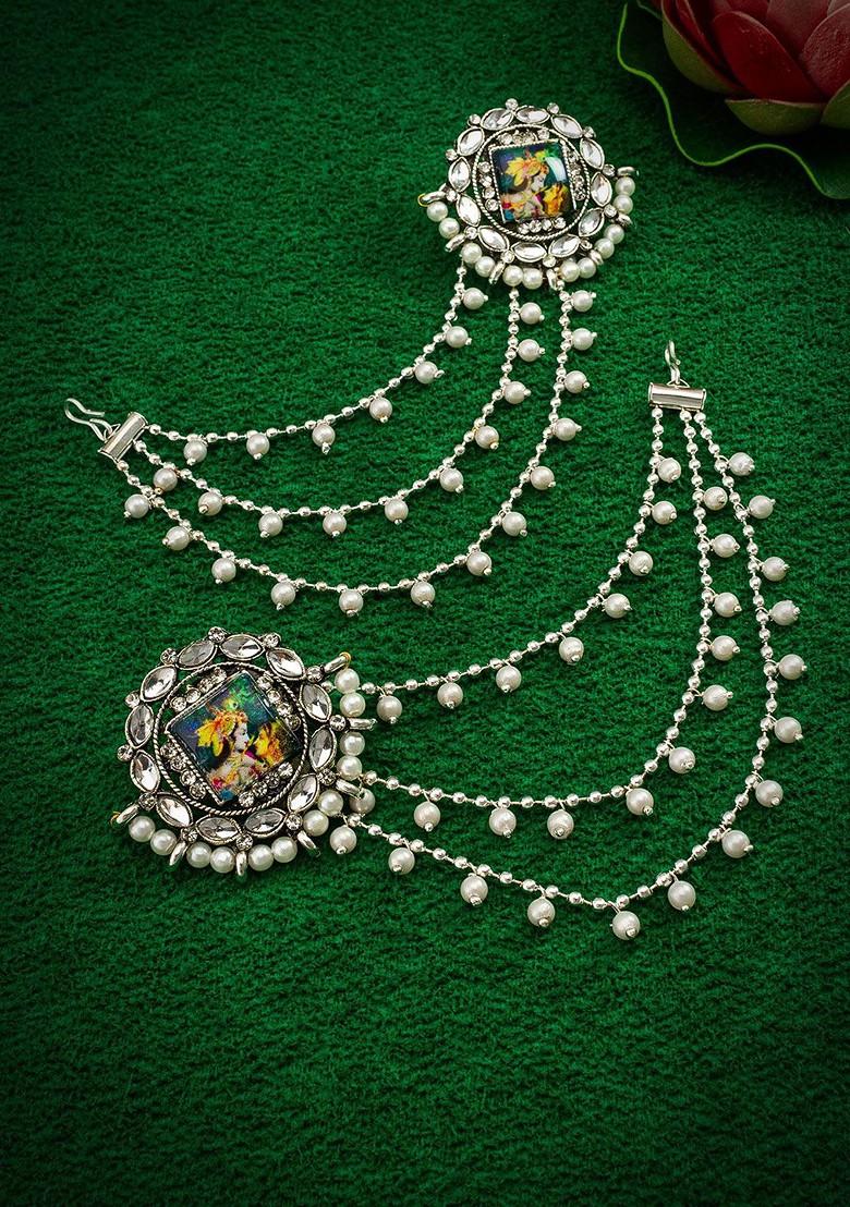 Silver Artificial Stones Studded Contemporary Stud Earrings With Hair Chained