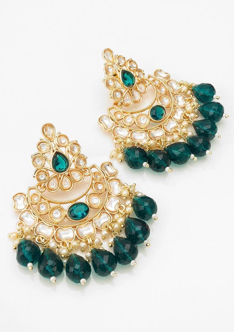 Gold Plated Kundan Studded And Beaded Drop Earring