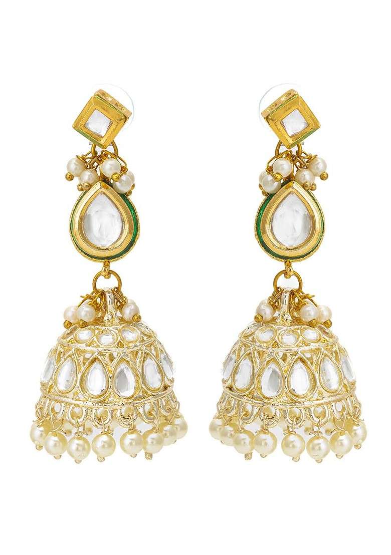Gold Plated Kundan And Ad Studded Classic Jhumkas - Indya