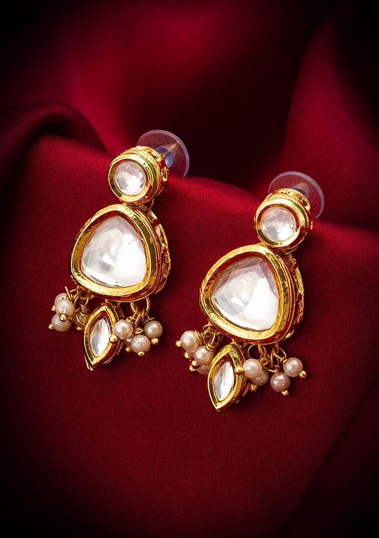 Gold Plated Kundan Studded And Pearl Beaded Contemporary Drop Earrings