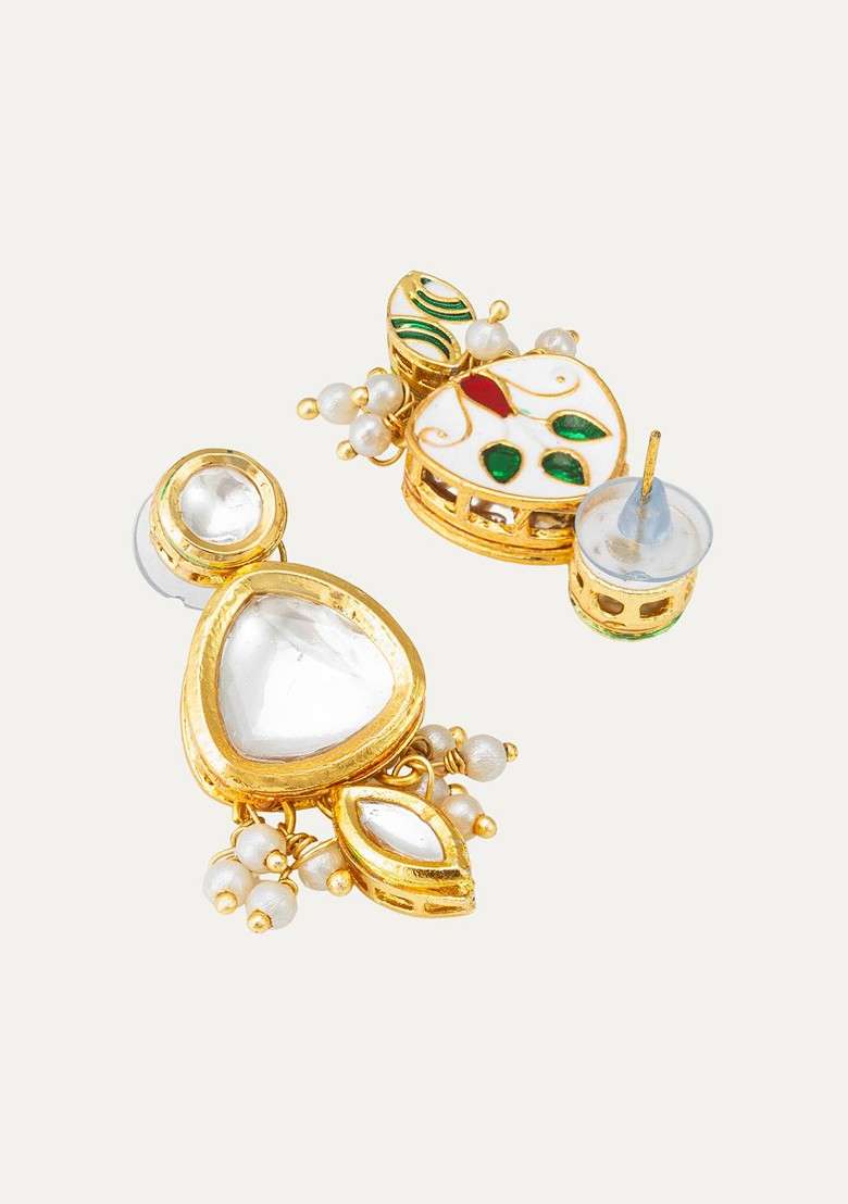 Gold Plated Kundan Studded And Pearl Beaded Contemporary Drop Earrings - Indya